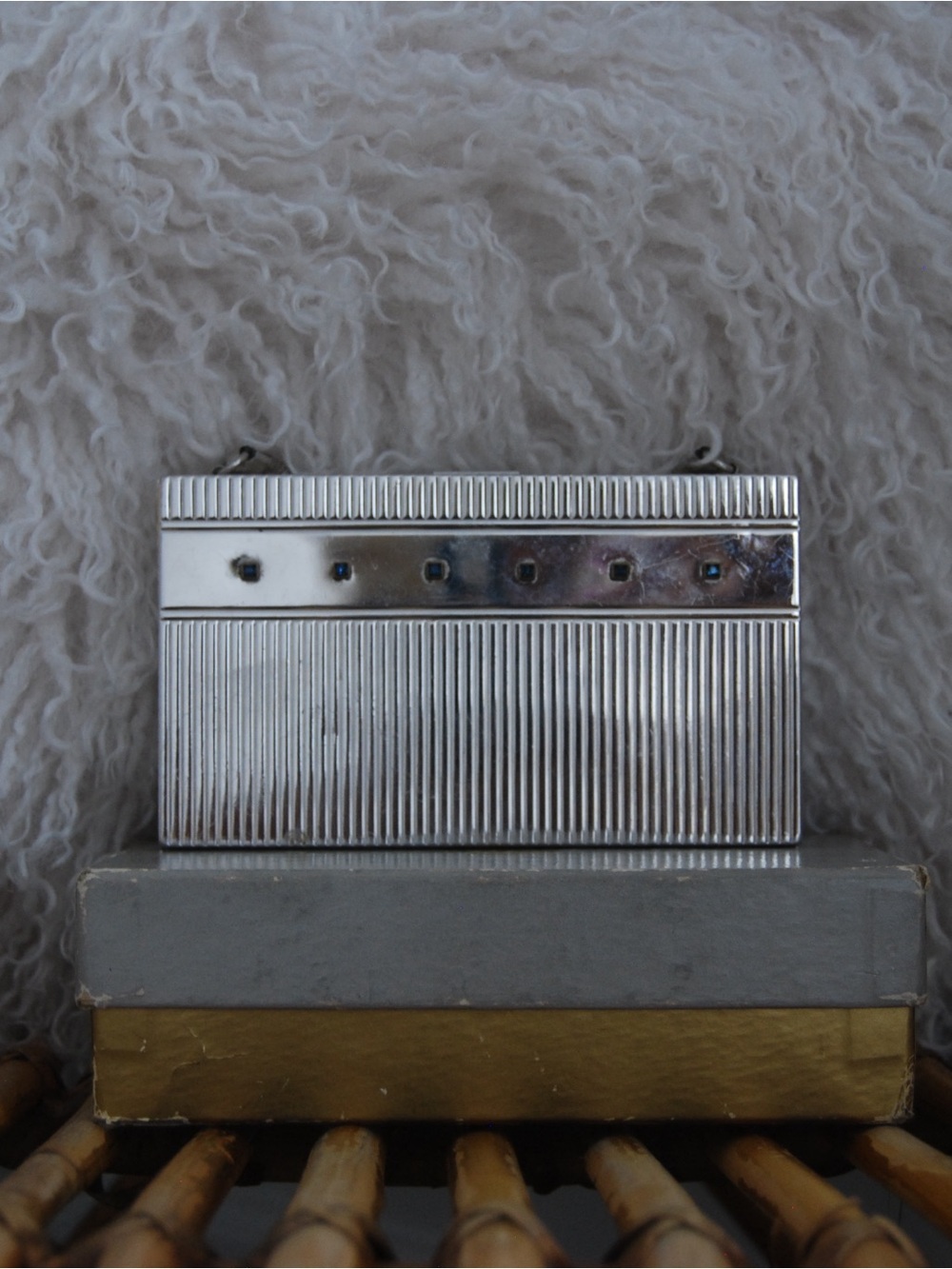 *very* Vintage Silver Ribbed Compact Cosmetics Box with Mirror- Polished Metal